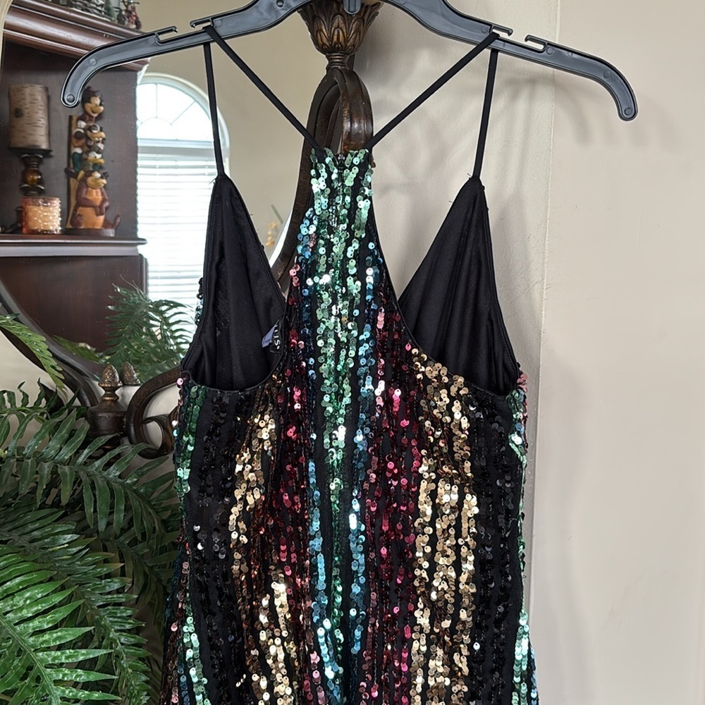 Venus Sparkly Rainbow Striped Sequin Colorful Cocktail Dress Spaghetti Strap - Picture 8 of 15